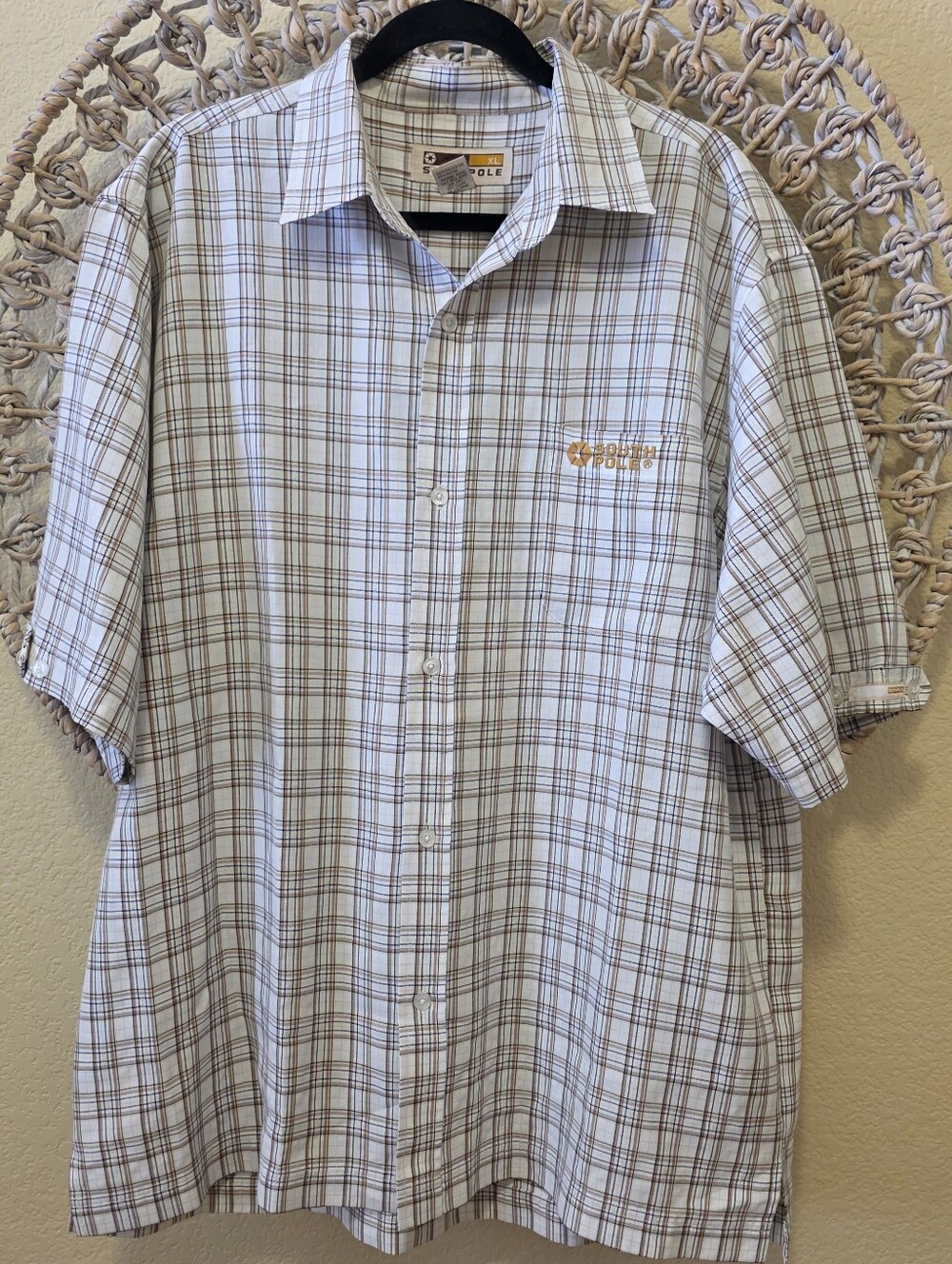 Y2K VINTAGE Southpole Mens Button Up Tan Plaid Short Sleeve Shirt XL 90s